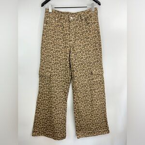 165B. Animal Print Mid Rise Wide Leg Cargo Pant - Brown